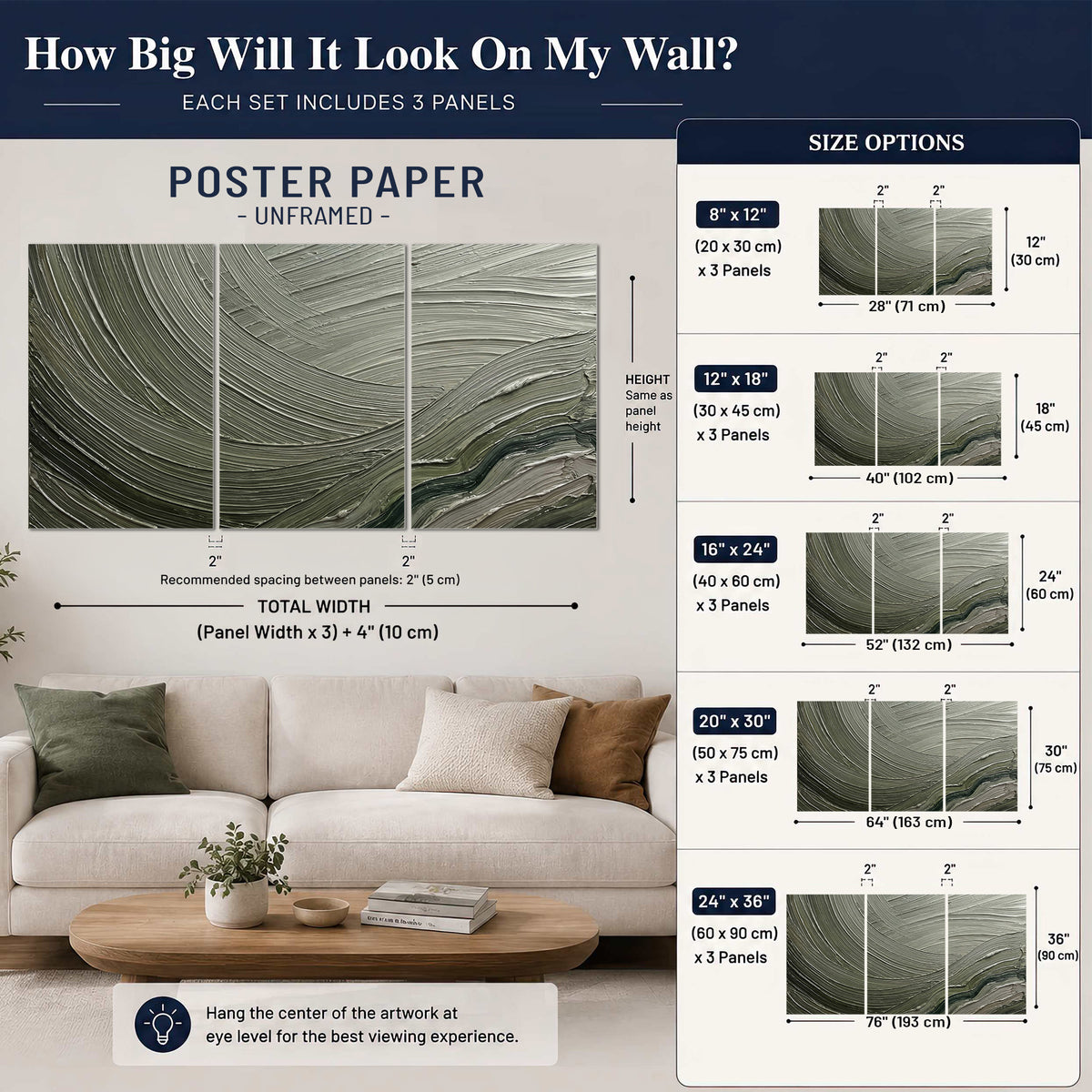 Olive and sage green abstract flowing waves with curved painted-style ridges set of 3 poster prints size guide above a sofa; room view is illustrative