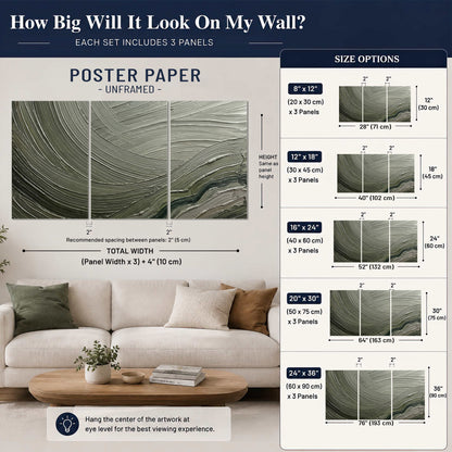 Olive and sage green abstract flowing waves with curved painted-style ridges set of 3 poster prints size guide above a sofa; room view is illustrative
