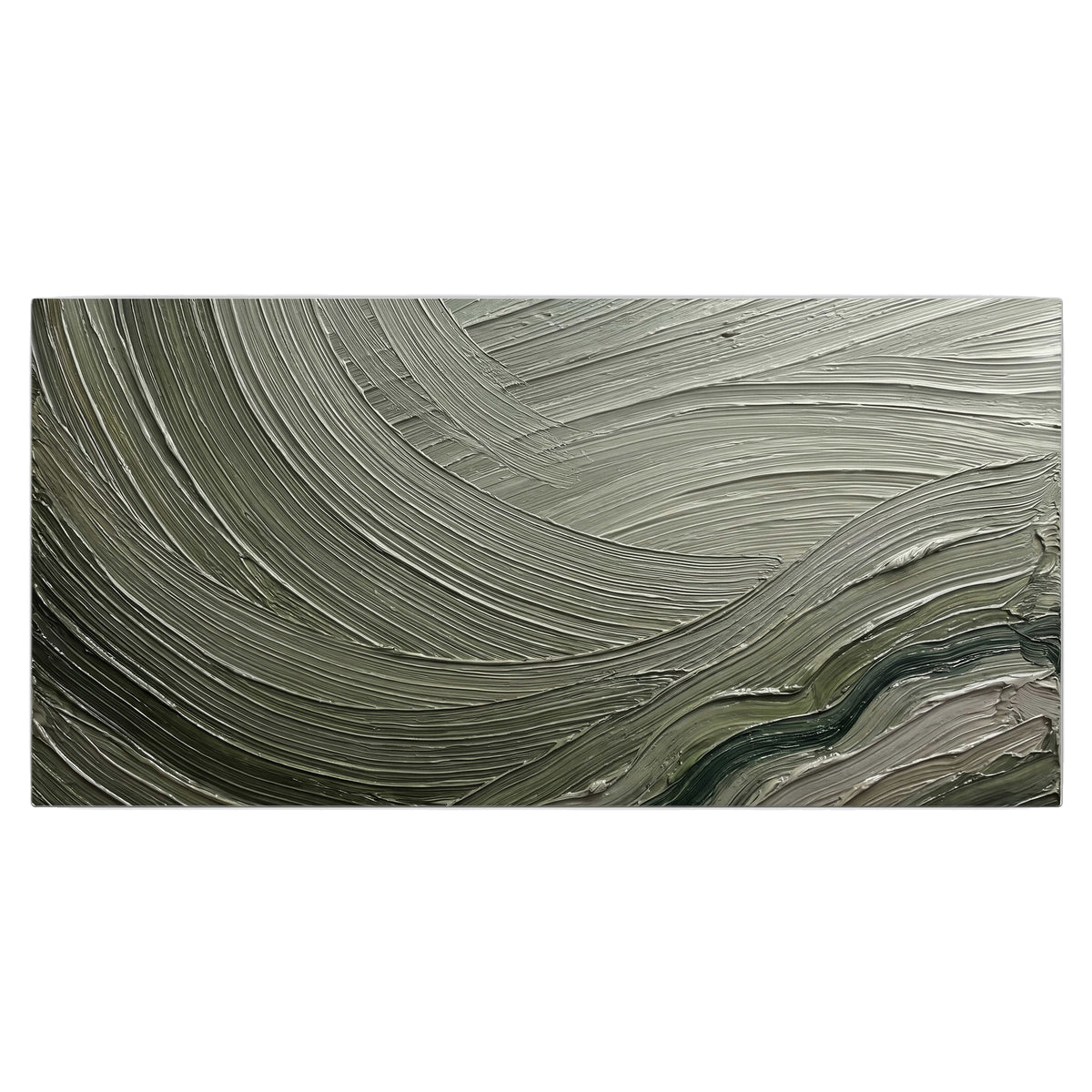 Olive and sage green abstract flowing waves with curved painted-style ridges single canvas wall art viewed straight on