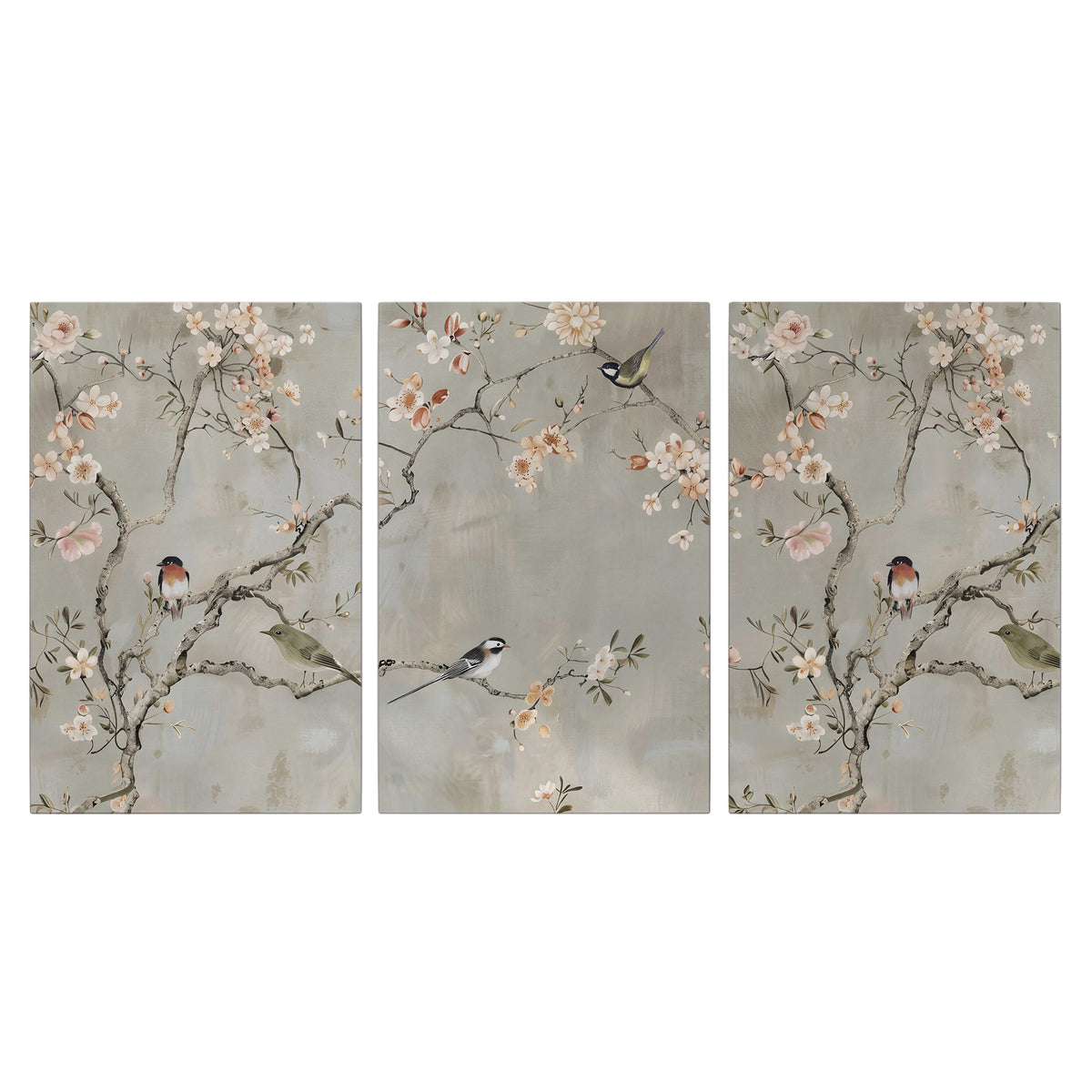 Small songbirds among pink and cream blossoms, green leaves and delicate branches on gray 3 piece canvas wall art viewed straight on