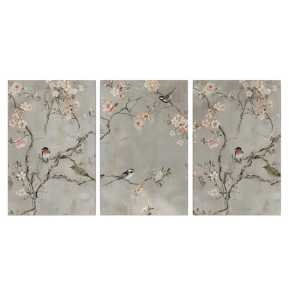 Small songbirds among pink and cream blossoms, green leaves and delicate branches on gray 3 piece canvas wall art viewed straight on