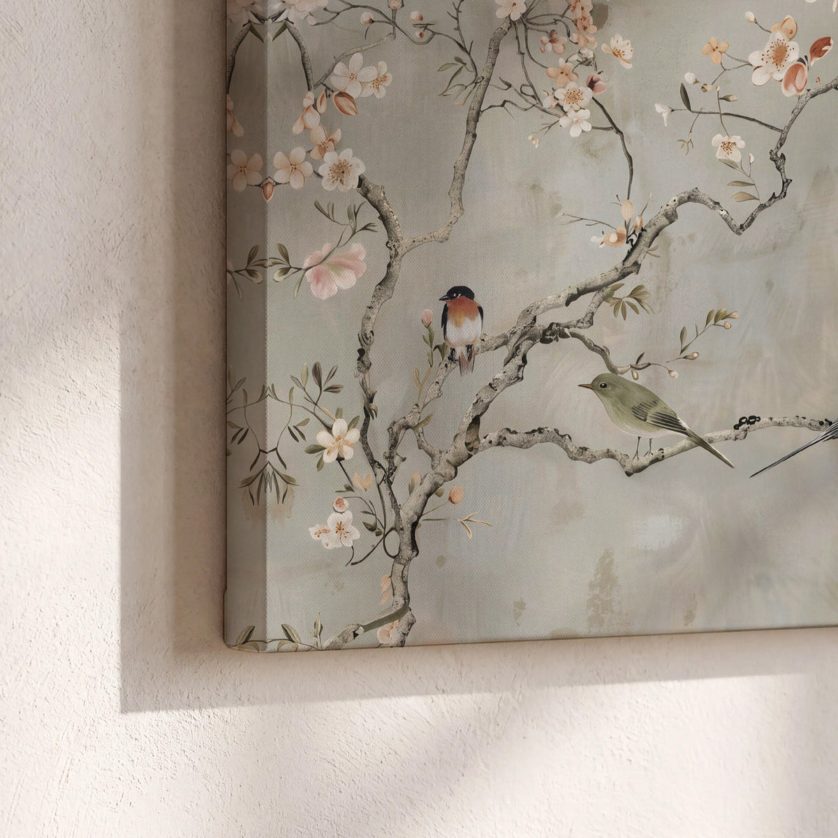 Small songbirds among pink and cream blossoms, green leaves and delicate branches on gray 3 piece canvas wall art material and edge close up