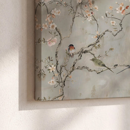 Small songbirds among pink and cream blossoms, green leaves and delicate branches on gray 3 piece canvas wall art material and edge close up