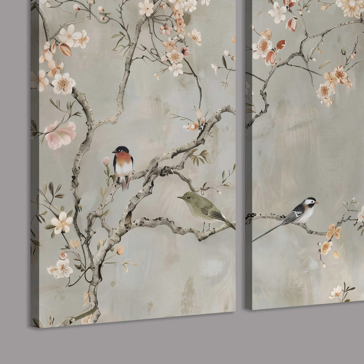 Small songbirds among pink and cream blossoms, green leaves and delicate branches on gray 3 piece canvas wall art room and product view