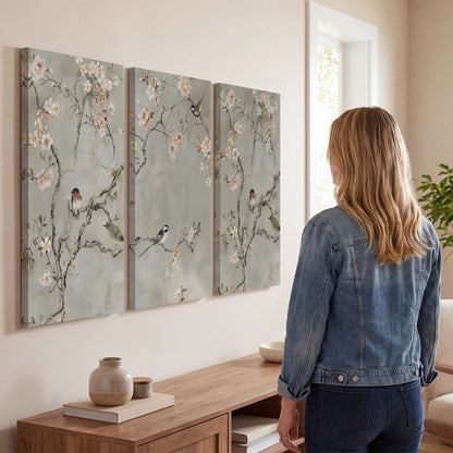 Small songbirds among pink and cream blossoms, green leaves and delicate branches on gray 3 piece canvas wall art three panel arrangement on a wall