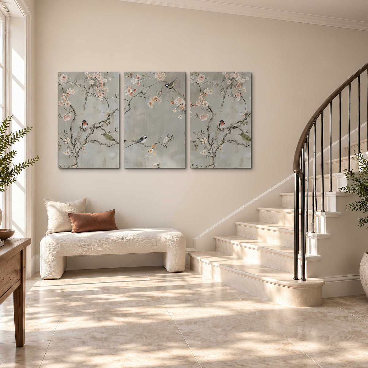 Small songbirds among pink and cream blossoms, green leaves and delicate branches on gray 3 piece canvas wall art styled in an interior