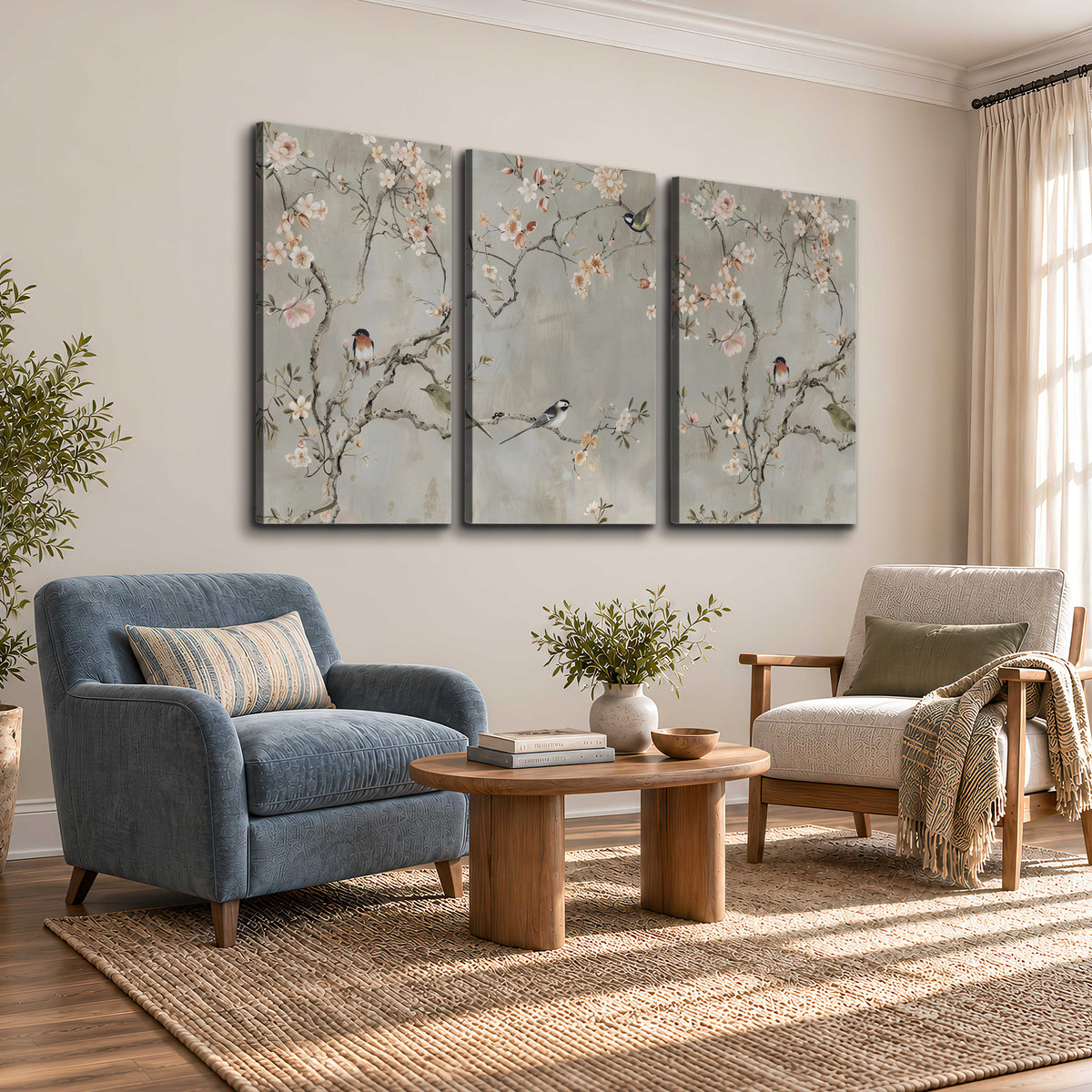 Small songbirds among pink and cream blossoms, green leaves and delicate branches on gray 3 piece canvas wall art styled in an interior