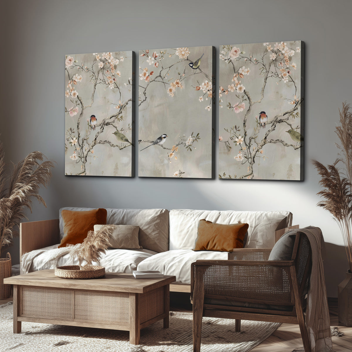 Small songbirds among pink and cream blossoms, green leaves and delicate branches on gray 3 piece canvas wall art displayed in a rustic living room