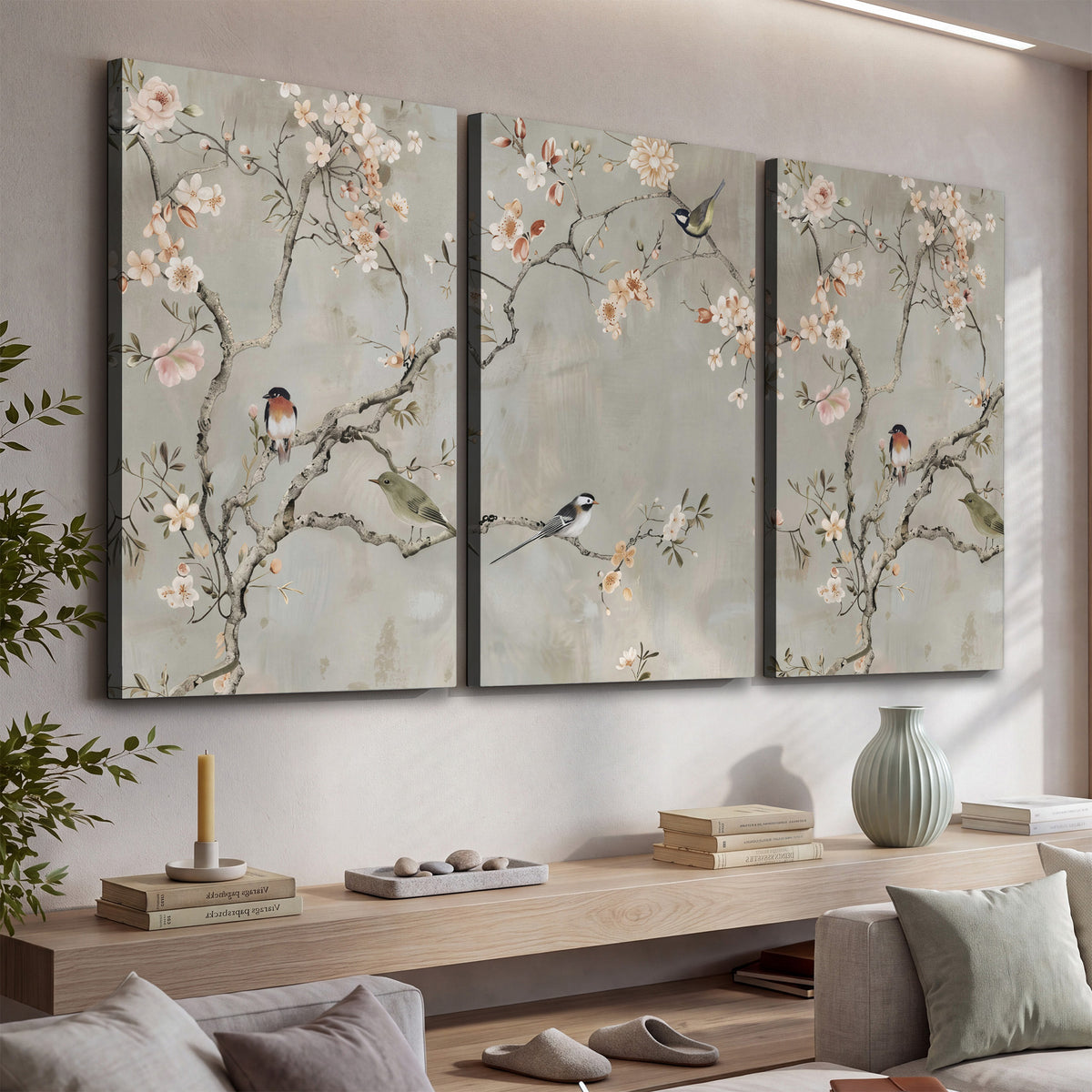 Small songbirds among pink and cream blossoms, green leaves and delicate branches on gray 3 piece canvas wall art displayed in a console