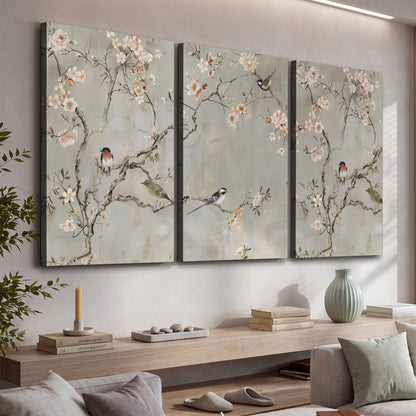 Small songbirds among pink and cream blossoms, green leaves and delicate branches on gray 3 piece canvas wall art displayed in a console