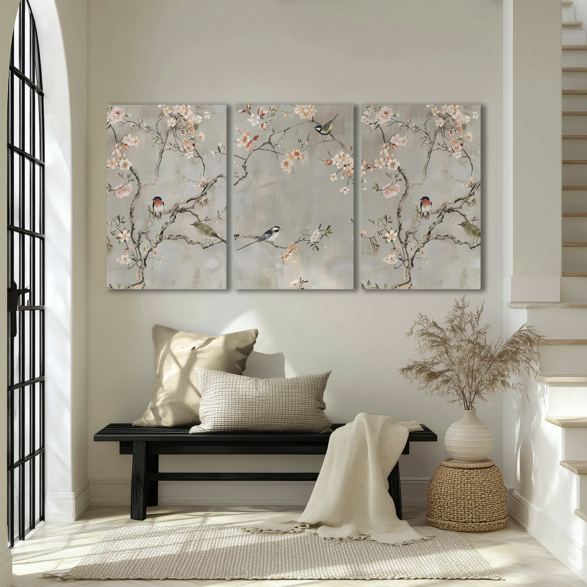Small songbirds among pink and cream blossoms, green leaves and delicate branches on gray 3 piece canvas wall art displayed in a entryway