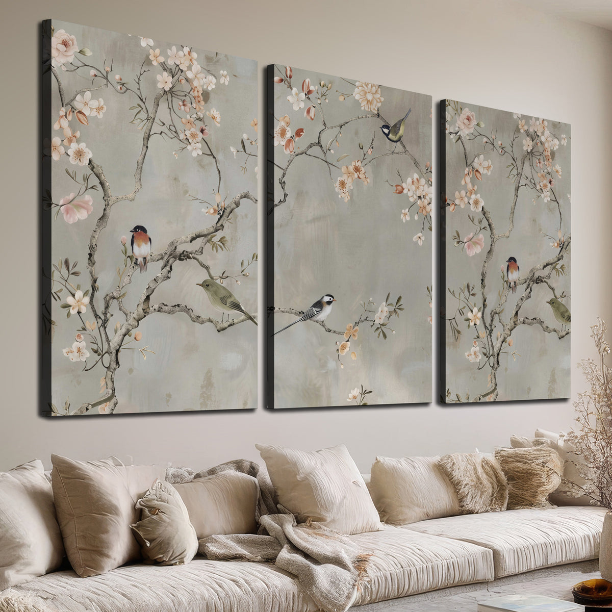 Small songbirds among pink and cream blossoms, green leaves and delicate branches on gray 3 piece canvas wall art room and product view