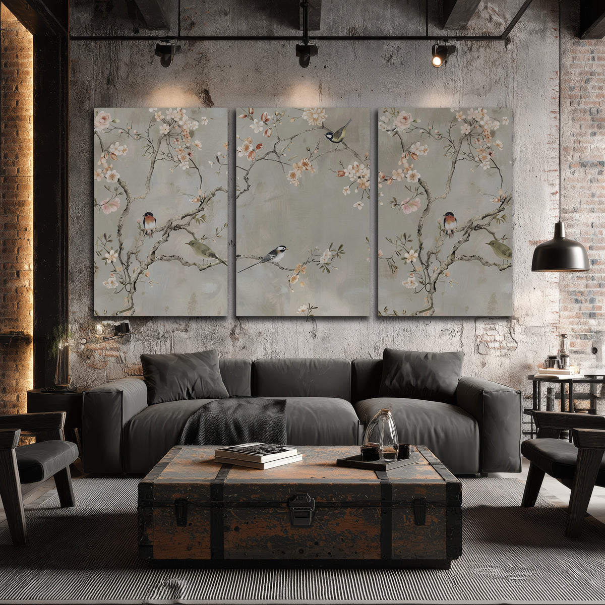 Small songbirds among pink and cream blossoms, green leaves and delicate branches on gray 3 piece canvas wall art displayed in a industrial room