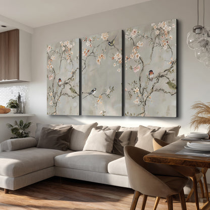 Small songbirds among pink and cream blossoms, green leaves and delicate branches on gray 3 piece canvas wall art room and product view