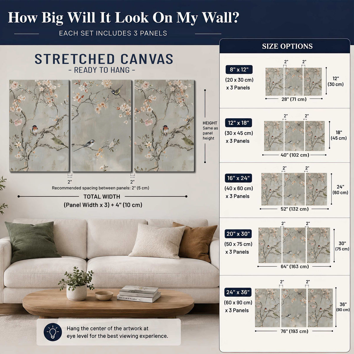 Small songbirds among pink and cream blossoms, green leaves and delicate branches on gray 3 piece canvas wall art size guide above a sofa; room view is illustrative