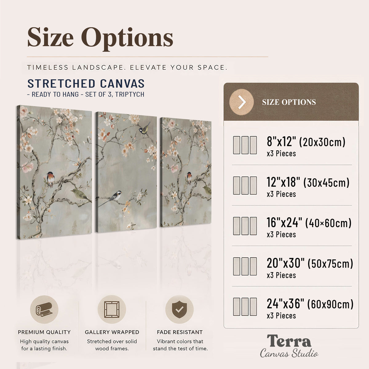 Small songbirds among pink and cream blossoms, green leaves and delicate branches on gray 3 piece canvas wall art available dimensions; triptych dimensions are per panel