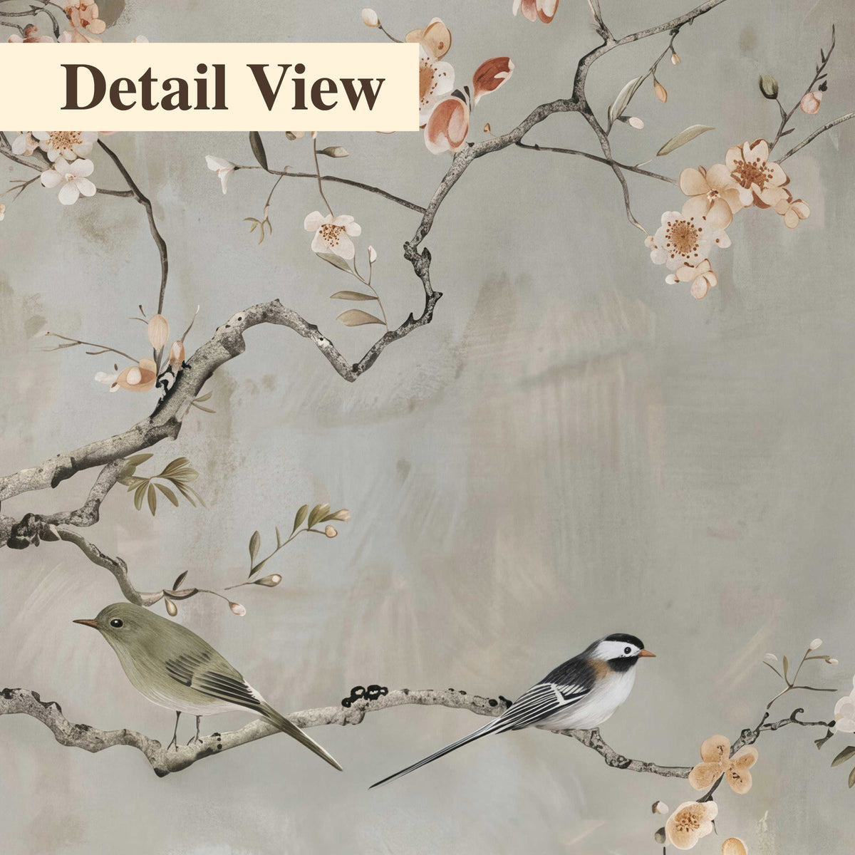 Small songbirds among pink and cream blossoms, green leaves and delicate branches on gray 3 piece canvas wall art artwork detail close up