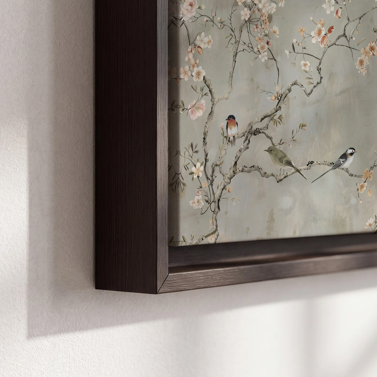 Small songbirds among pink and cream blossoms, green leaves and delicate branches on gray 3 piece framed canvas wall art material and edge close up
