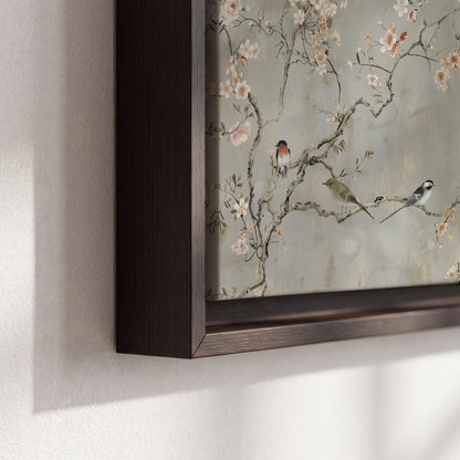 Small songbirds among pink and cream blossoms, green leaves and delicate branches on gray 3 piece framed canvas wall art material and edge close up