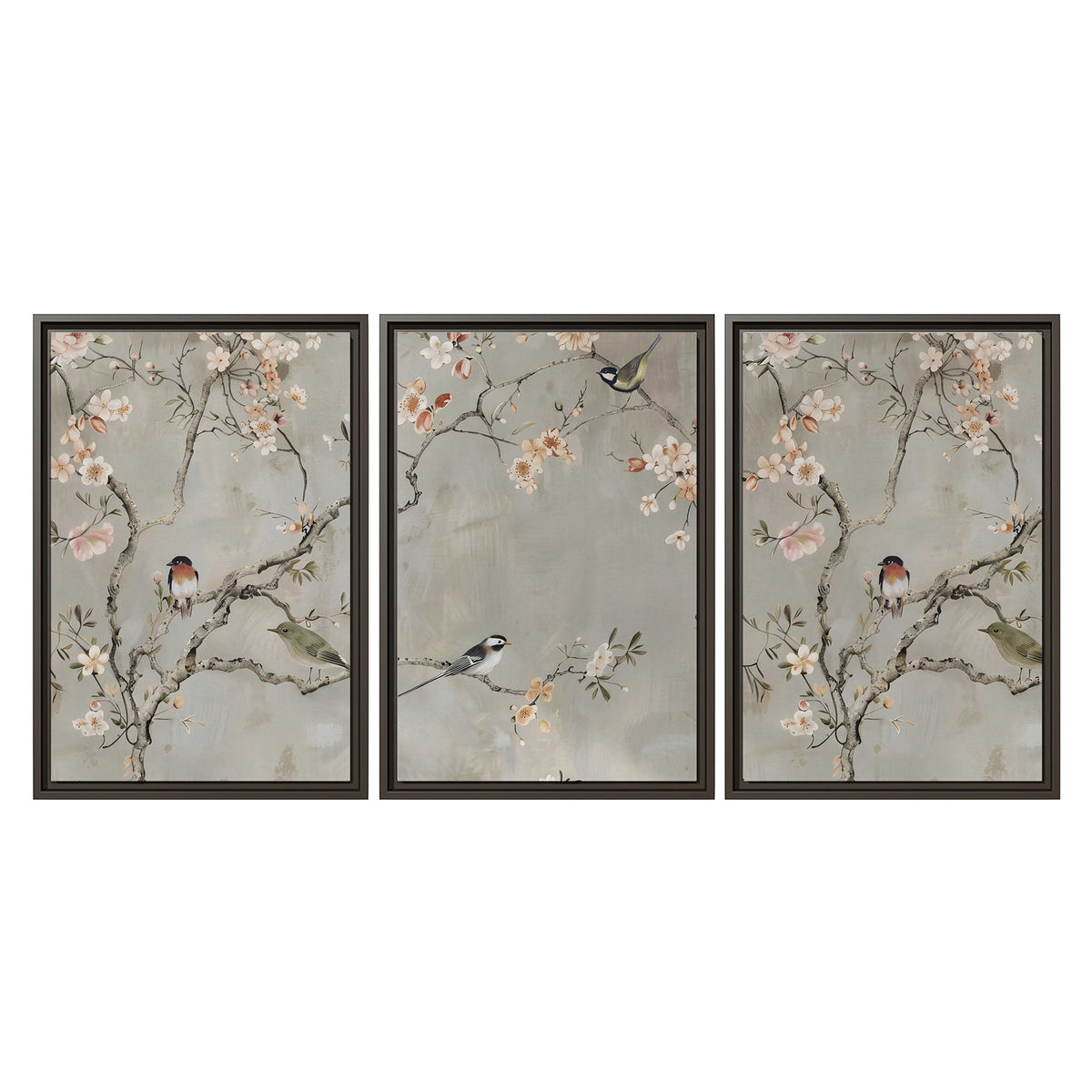 Small songbirds among pink and cream blossoms, green leaves and delicate branches on gray 3 piece framed canvas wall art viewed straight on