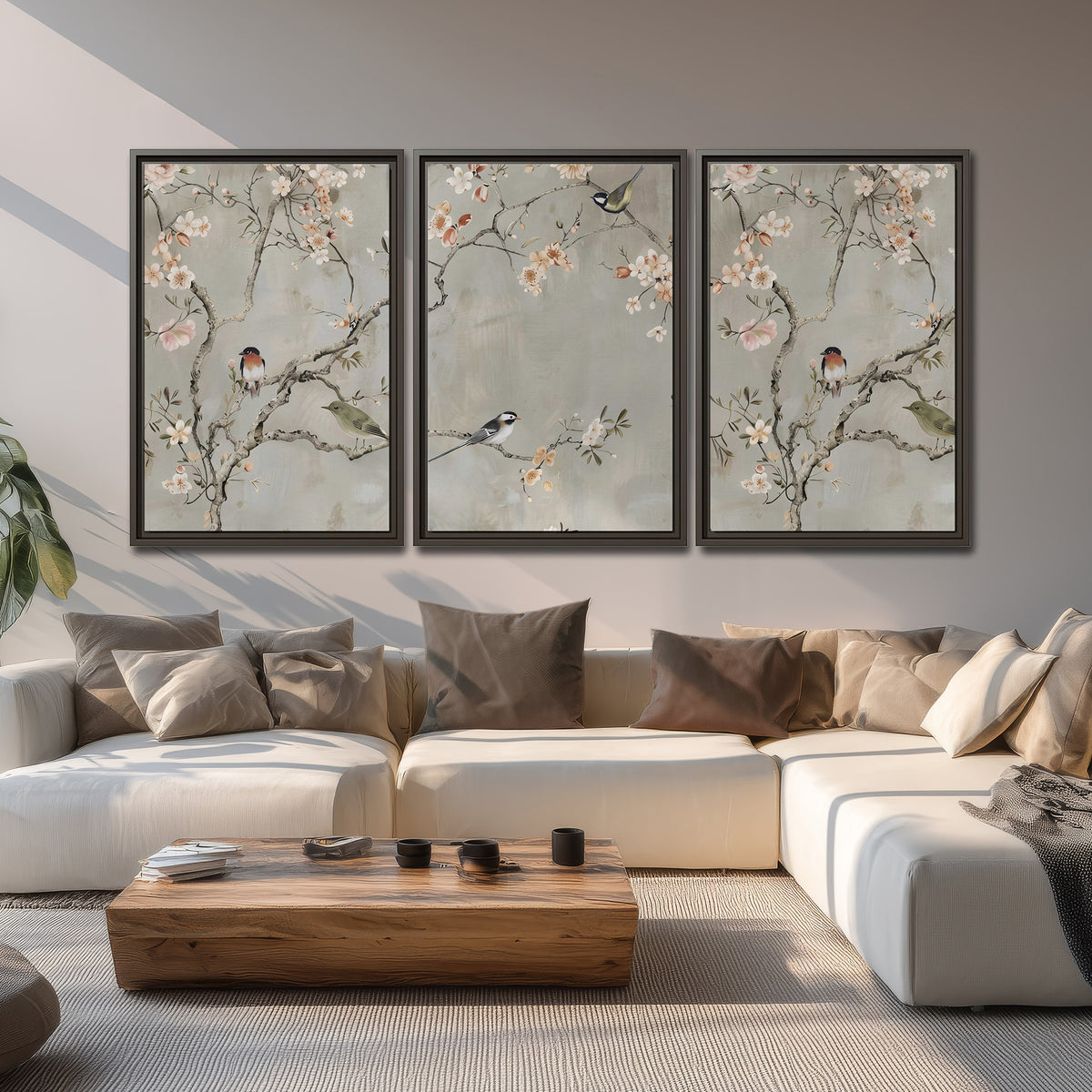 Small songbirds among pink and cream blossoms, green leaves and delicate branches on gray 3 piece framed canvas wall art displayed in a living room