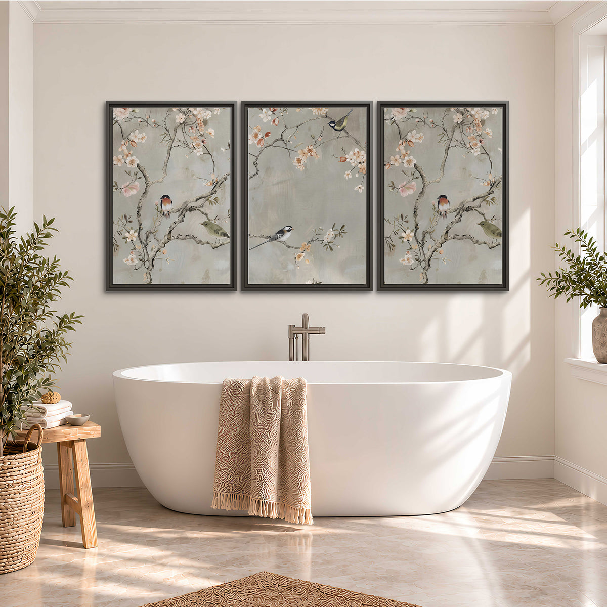 Small songbirds among pink and cream blossoms, green leaves and delicate branches on gray 3 piece framed canvas wall art styled in an interior