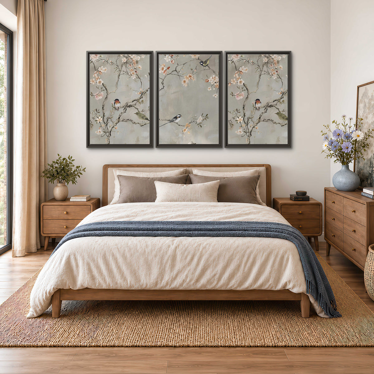 Small songbirds among pink and cream blossoms, green leaves and delicate branches on gray 3 piece framed canvas wall art styled in an interior
