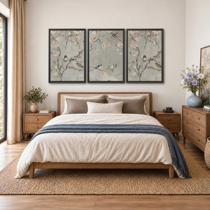Small songbirds among pink and cream blossoms, green leaves and delicate branches on gray 3 piece framed canvas wall art styled in an interior