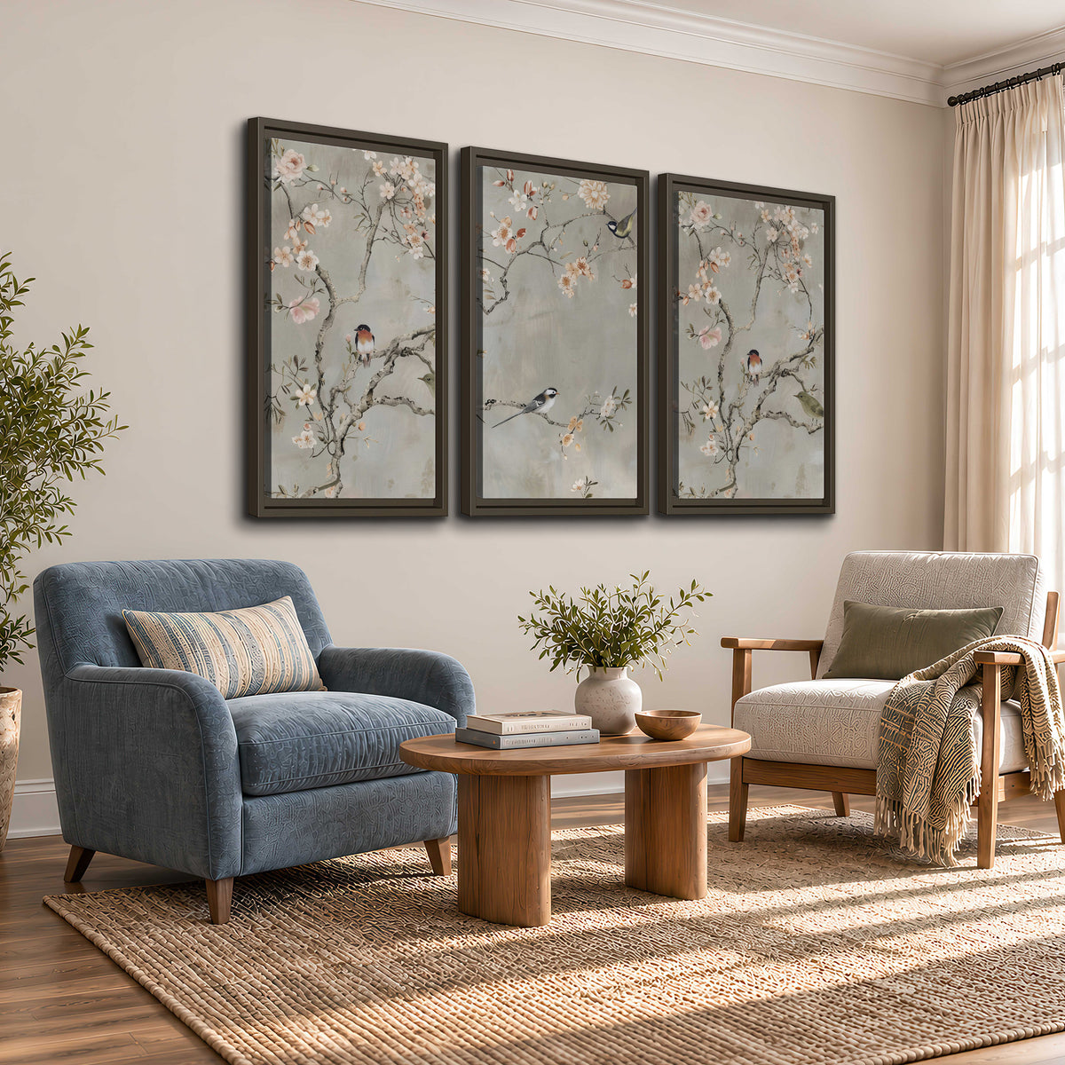 Small songbirds among pink and cream blossoms, green leaves and delicate branches on gray 3 piece framed canvas wall art styled in an interior