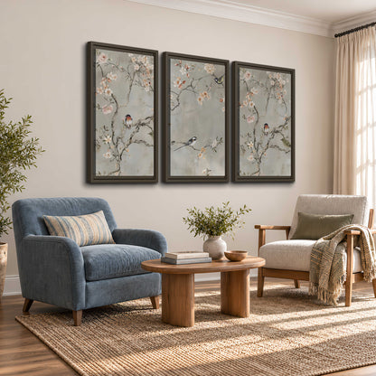 Small songbirds among pink and cream blossoms, green leaves and delicate branches on gray 3 piece framed canvas wall art styled in an interior