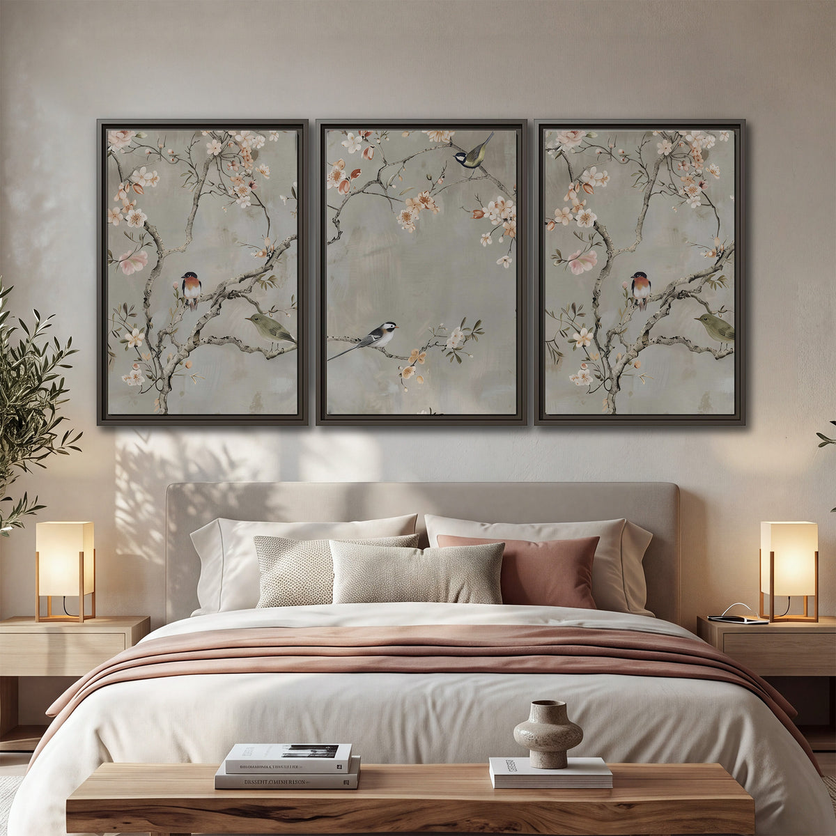 Small songbirds among pink and cream blossoms, green leaves and delicate branches on gray 3 piece framed canvas wall art displayed in a bedroom