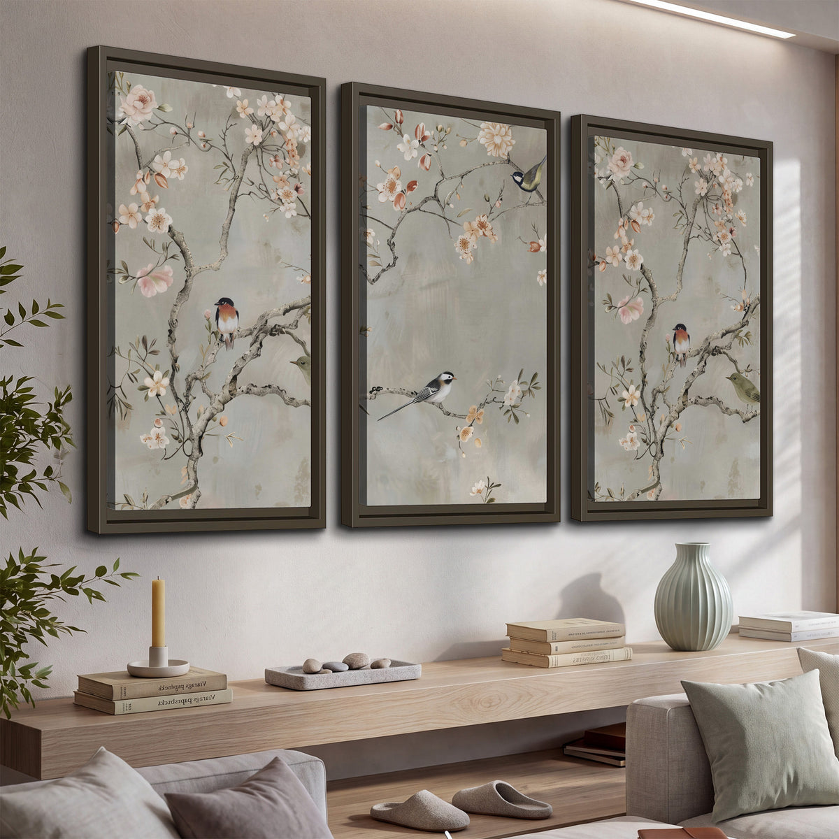 Small songbirds among pink and cream blossoms, green leaves and delicate branches on gray 3 piece framed canvas wall art displayed in a console
