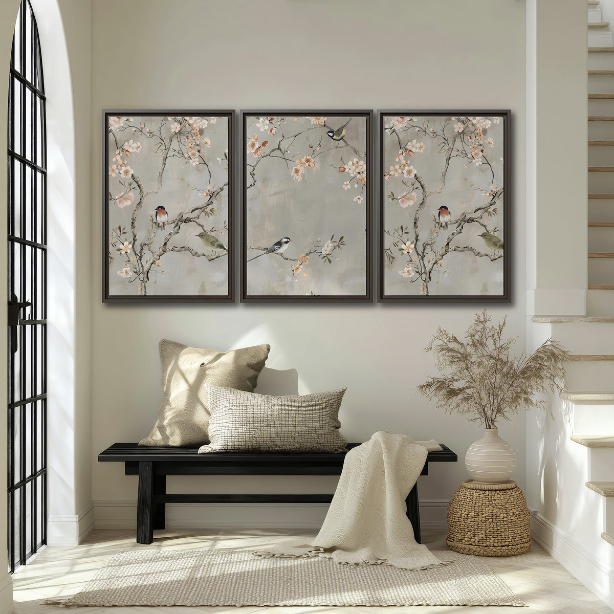 Small songbirds among pink and cream blossoms, green leaves and delicate branches on gray 3 piece framed canvas wall art displayed in a entryway