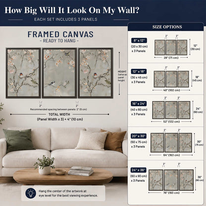 Small songbirds among pink and cream blossoms, green leaves and delicate branches on gray 3 piece framed canvas wall art size guide above a sofa; room view is illustrative