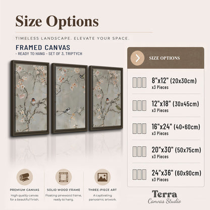 Small songbirds among pink and cream blossoms, green leaves and delicate branches on gray 3 piece framed canvas wall art available dimensions; triptych dimensions are per panel