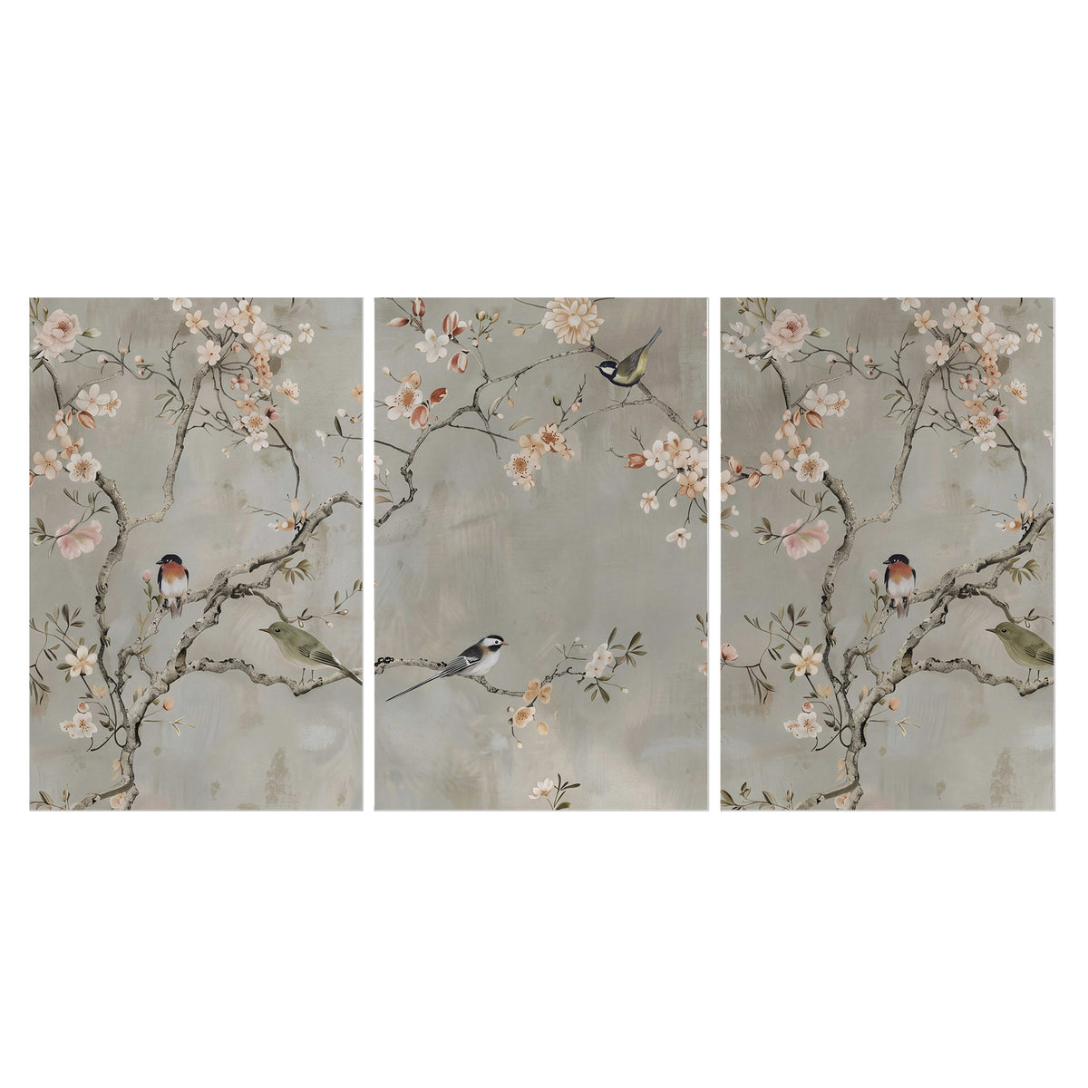 Small songbirds among pink and cream blossoms, green leaves and delicate branches on gray set of 3 poster prints viewed straight on