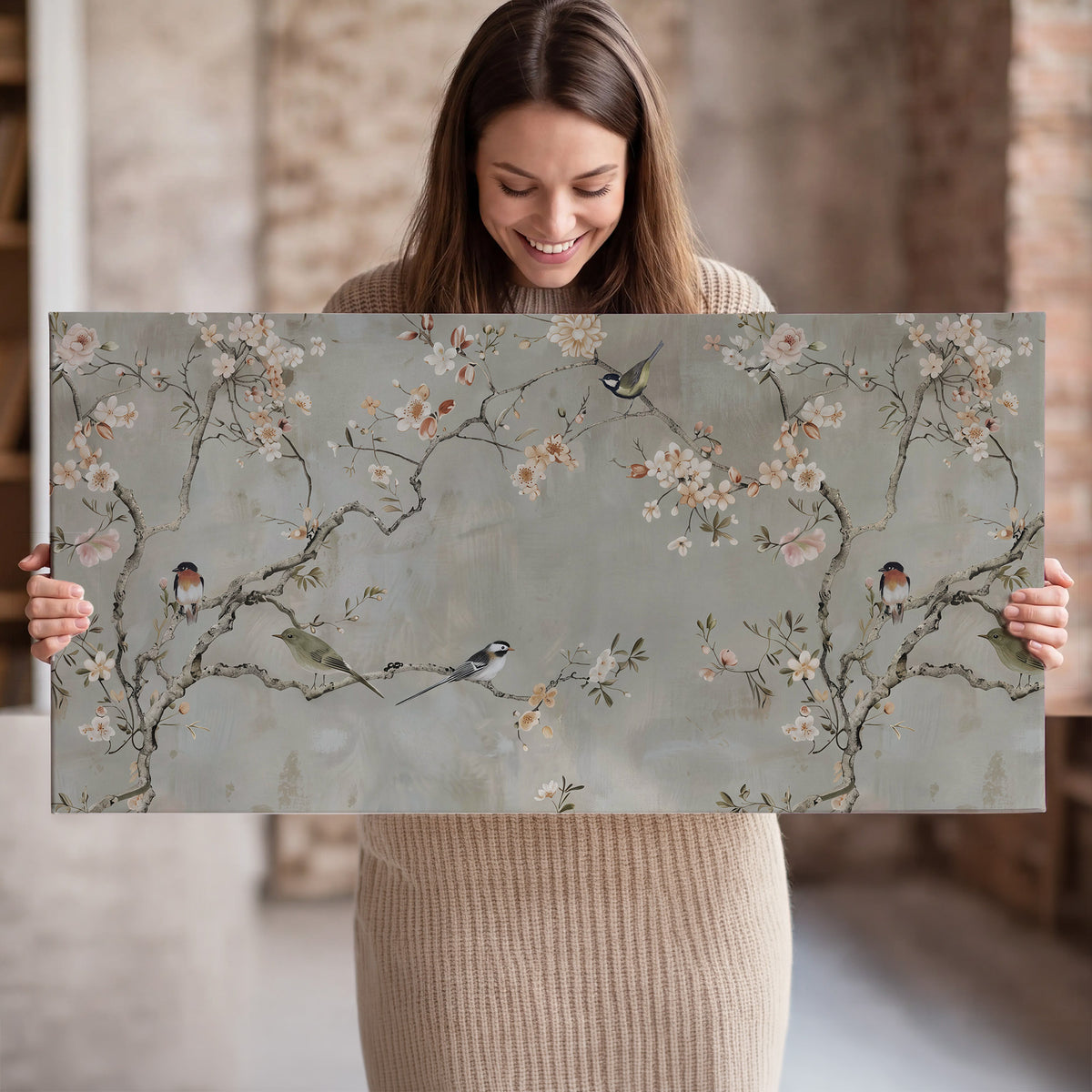 Small songbirds among pink and cream blossoms, green leaves and delicate branches on gray single canvas wall art held in hands