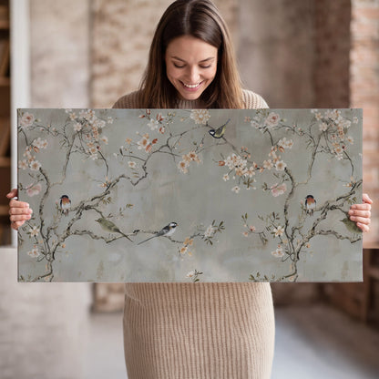 Small songbirds among pink and cream blossoms, green leaves and delicate branches on gray single canvas wall art held in hands