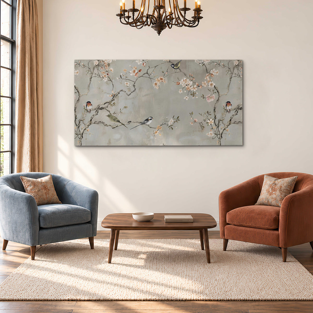 Small songbirds among pink and cream blossoms, green leaves and delicate branches on gray single canvas wall art styled in an interior