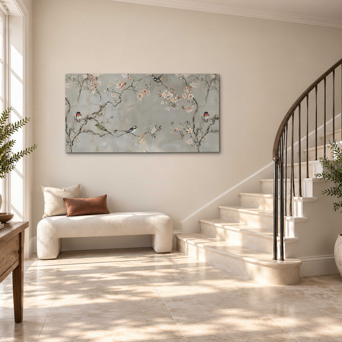 Small songbirds among pink and cream blossoms, green leaves and delicate branches on gray single canvas wall art styled in an interior