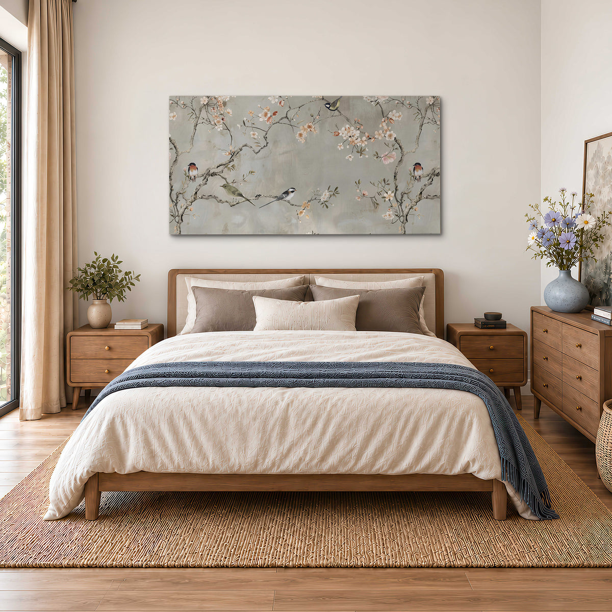 Small songbirds among pink and cream blossoms, green leaves and delicate branches on gray single canvas wall art styled in an interior