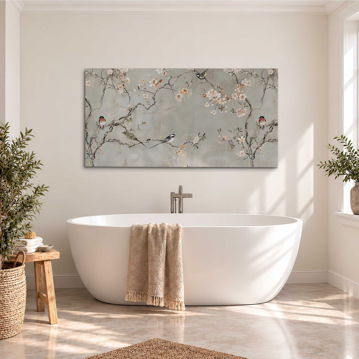 Small songbirds among pink and cream blossoms, green leaves and delicate branches on gray single canvas wall art styled in an interior