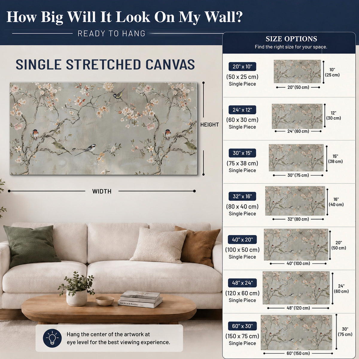 Small songbirds among pink and cream blossoms, green leaves and delicate branches on gray single canvas wall art size guide above a sofa; room view is illustrative