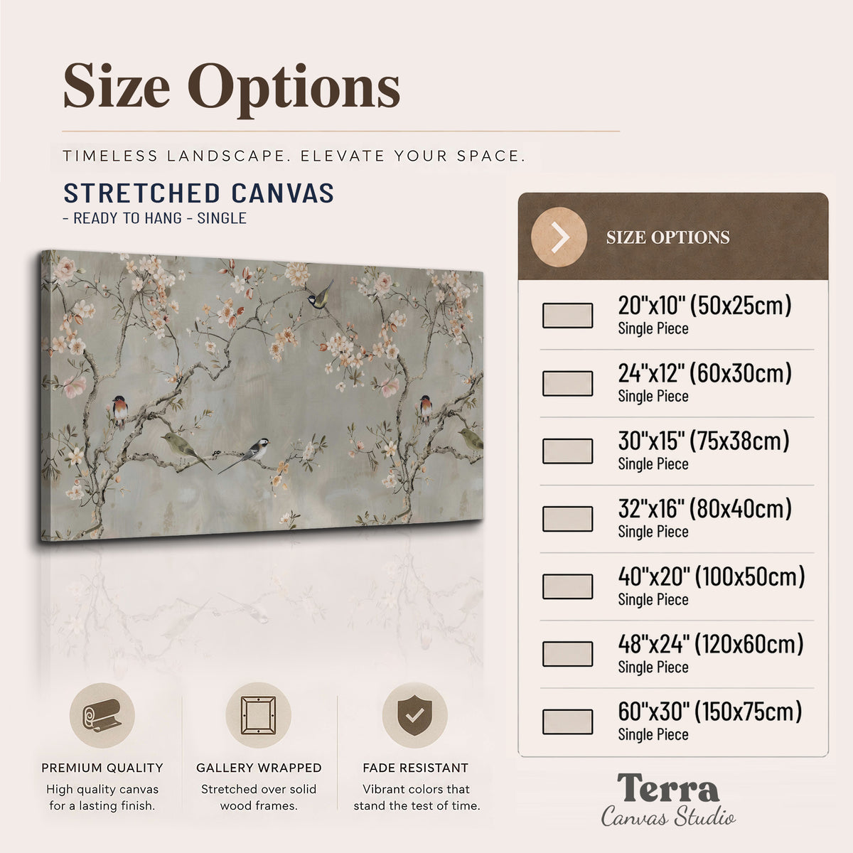Small songbirds among pink and cream blossoms, green leaves and delicate branches on gray single canvas wall art available dimensions