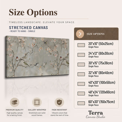 Small songbirds among pink and cream blossoms, green leaves and delicate branches on gray single canvas wall art available dimensions