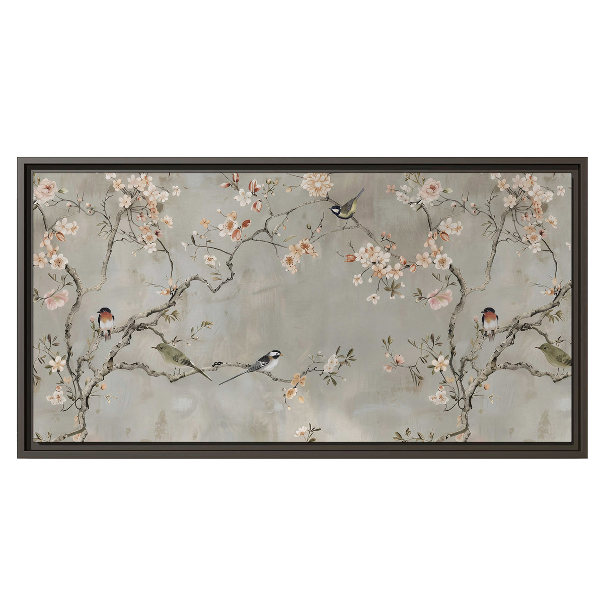 Small songbirds among pink and cream blossoms, green leaves and delicate branches on gray single framed canvas wall art viewed straight on