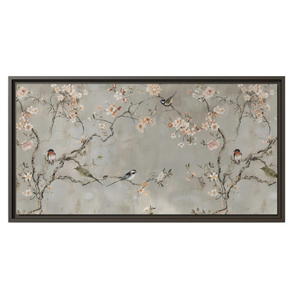 Small songbirds among pink and cream blossoms, green leaves and delicate branches on gray single framed canvas wall art viewed straight on