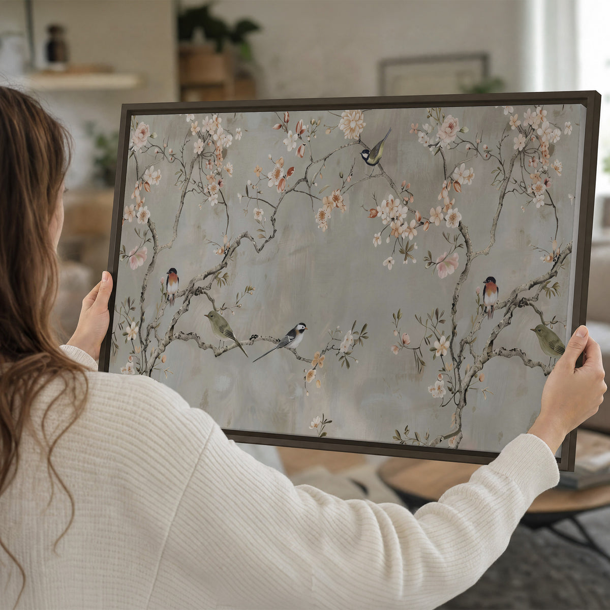 Small songbirds among pink and cream blossoms, green leaves and delicate branches on gray single framed canvas wall art held in hands