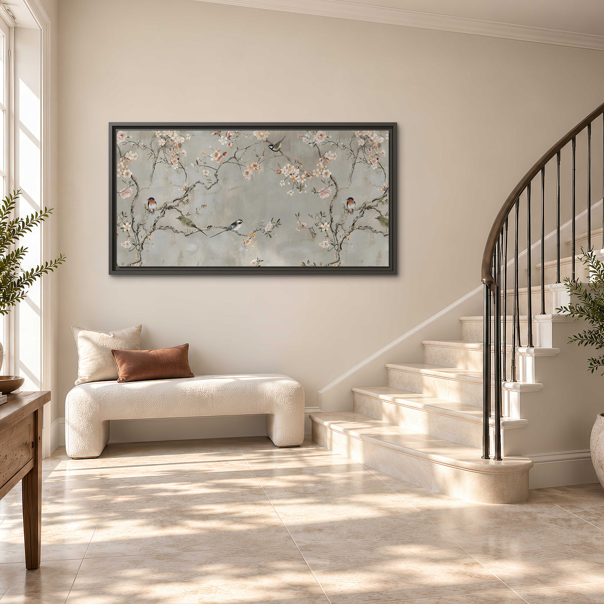 Small songbirds among pink and cream blossoms, green leaves and delicate branches on gray single framed canvas wall art styled in an interior
