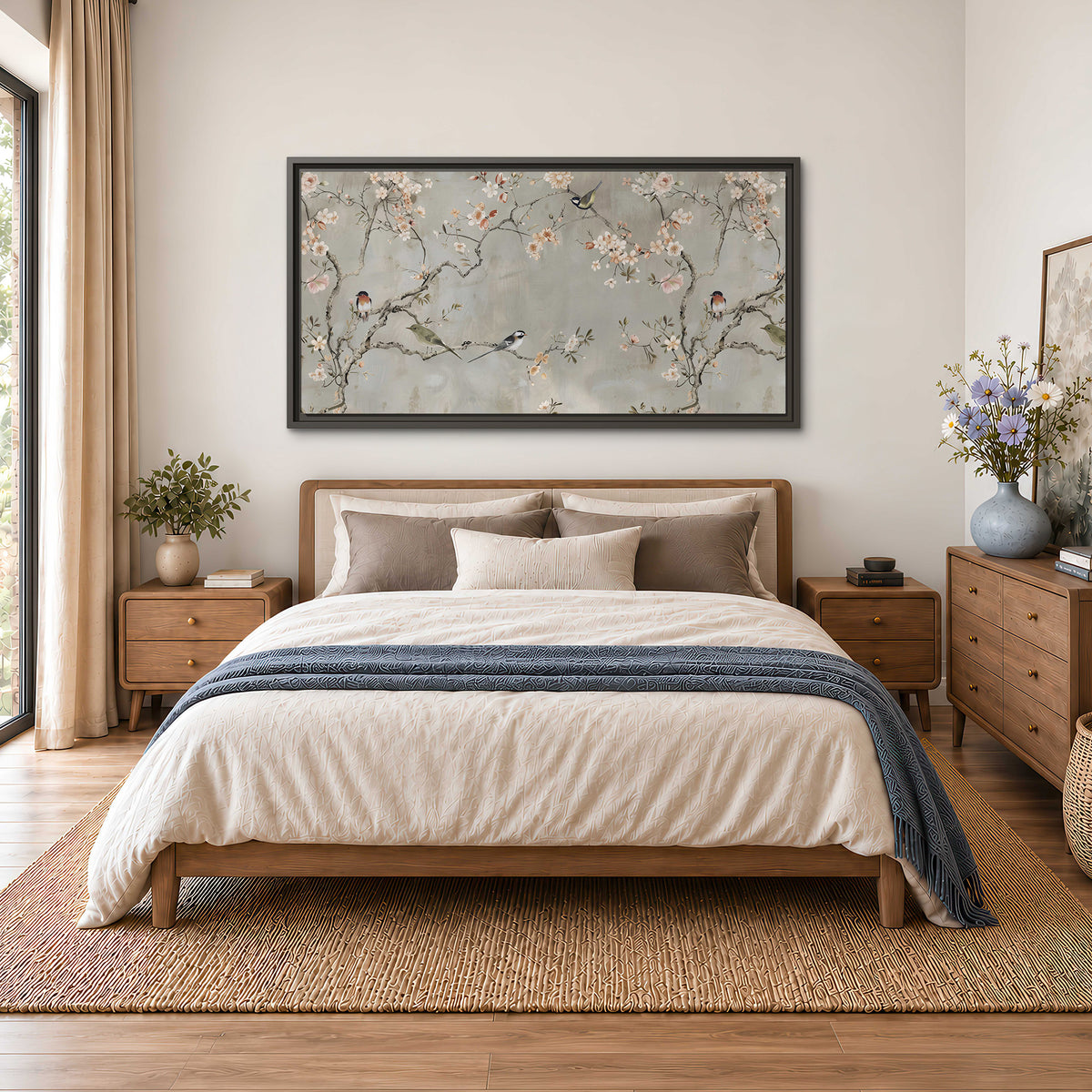 Small songbirds among pink and cream blossoms, green leaves and delicate branches on gray single framed canvas wall art styled in an interior